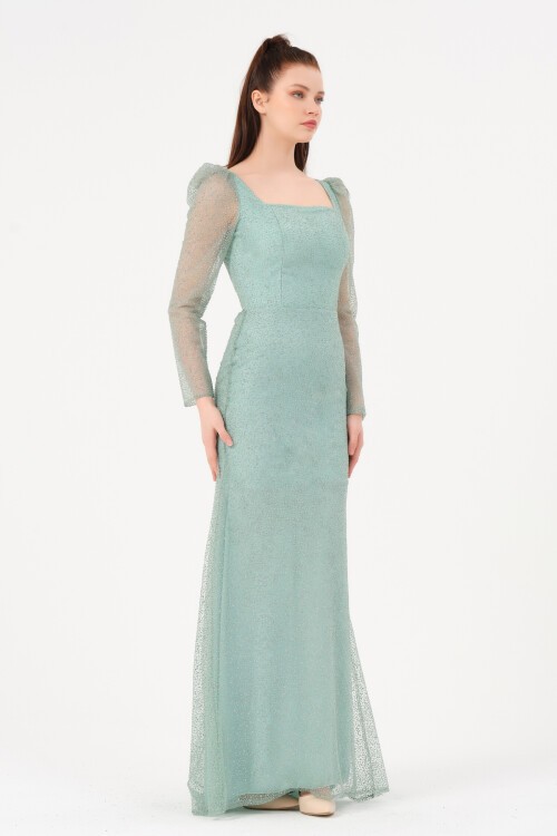 Omzu Büzgülü Kare Yaka Elbise - 1573