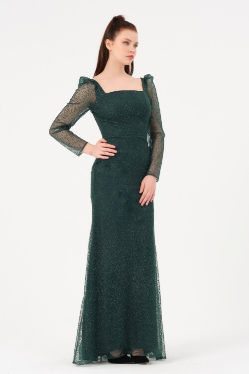 Omzu Büzgülü Kare Yaka Elbise - 1573