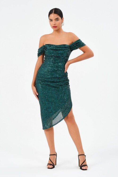 Payetli Kayık Yaka Asimetrik Elbise - 1544