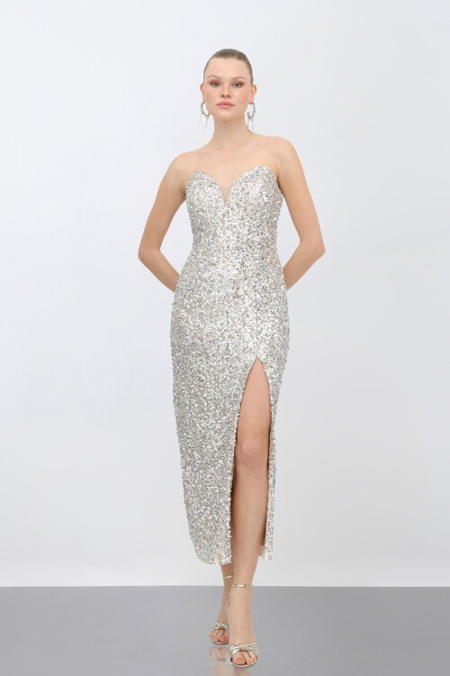 Payetli Yırtmaçlı Elbise - 1788