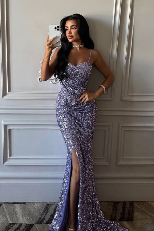 Payetli Yırtmaçlı Elbise - 1814