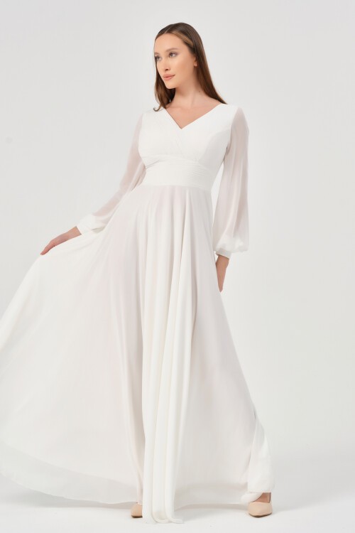 Pile Detaylı Kruvaze Yaka Elbise - 1565