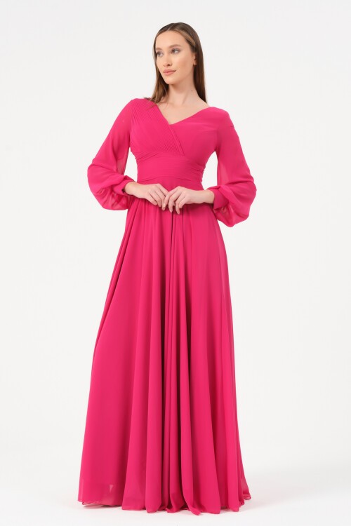 Pile Detaylı Kruvaze Yaka Elbise - 1565