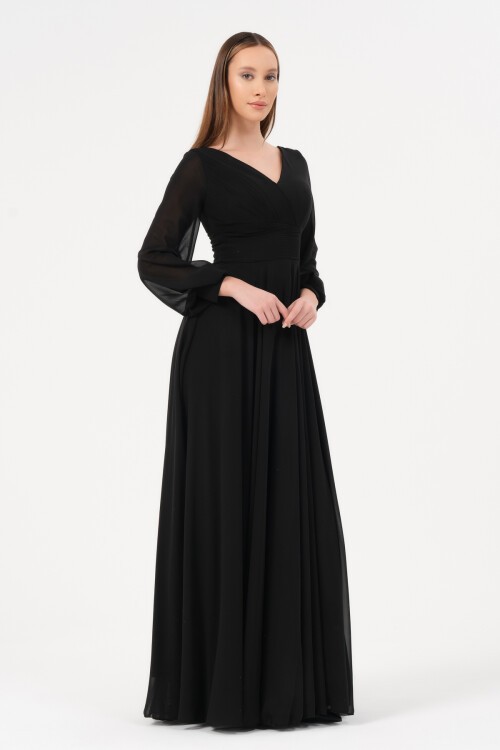 Pile Detaylı Kruvaze Yaka Elbise - 1565