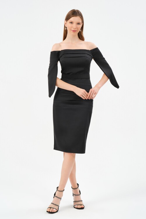 Pileli Kayık Yaka Detaylı Midi Elbise - 1559