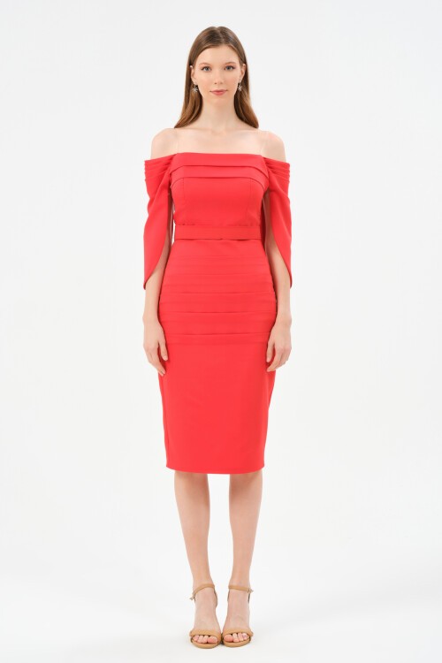 Pileli Kayık Yaka Detaylı Midi Elbise - 1559