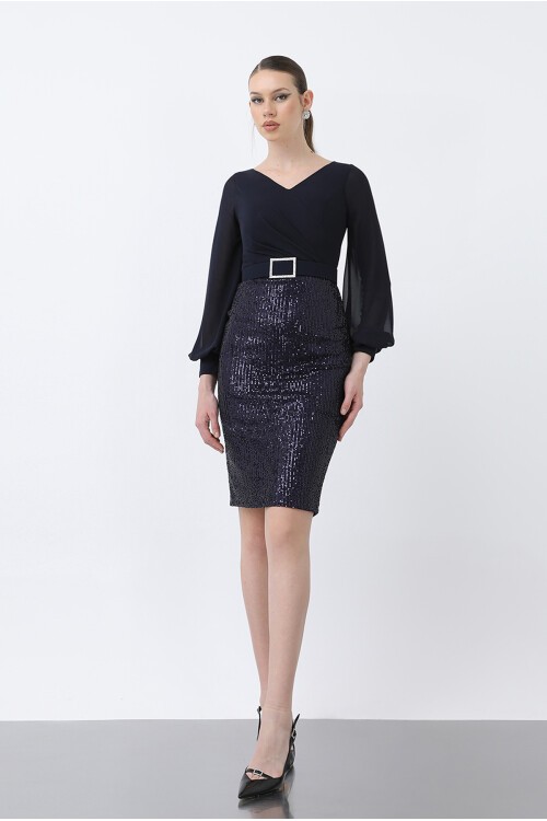 Pul Payetli  Üstü Şifon Elbise - 1606