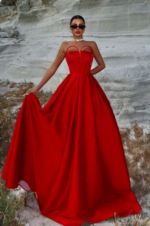 Göğüs Detaylı Straplez Elbise - 1886