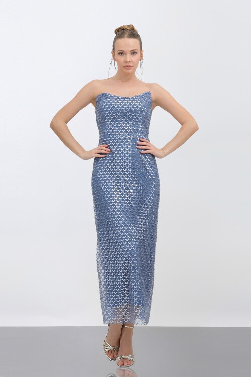 Payetli Straplez Midi Elbise - 1786