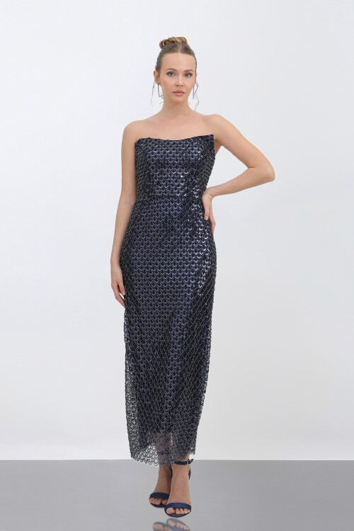 Payetli Straplez Midi Elbise - 1786