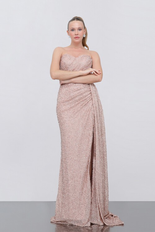 Straplez Payetli Yırtmaçlı Elbise - 1762