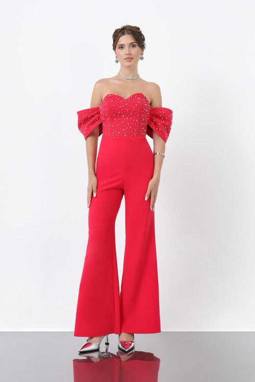 Kol Detaylı Taşlı Straplez Tulum - 1824