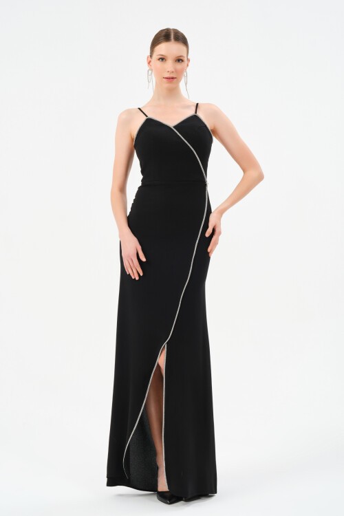 Taş Detaylı Askılı Asimetrik Elbise - 1518