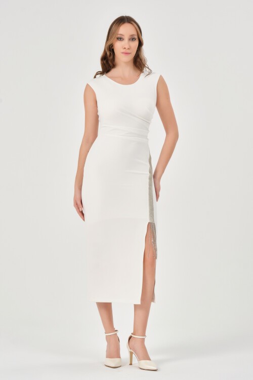 Taş Detaylı Drapeli Midi Elbise - 1570