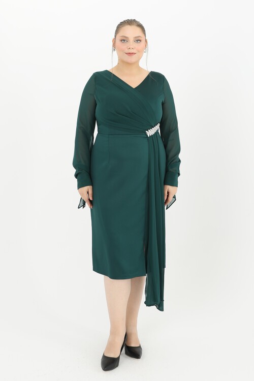 Taş Detaylı Drapeli Midi Elbise - 1647