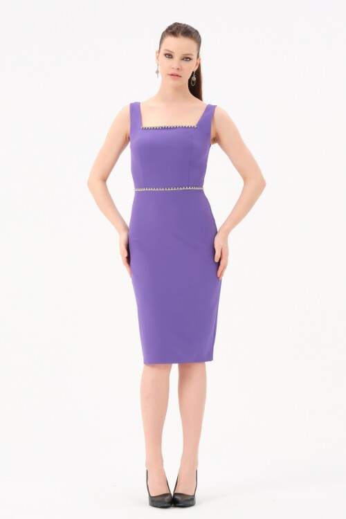 Taş Detaylı Kare Yaka Midi Elbise - 1607