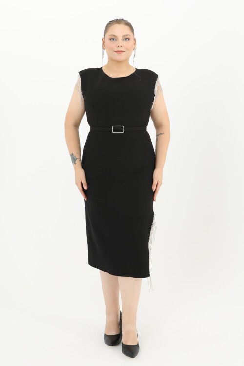 Taş Detaylı Kemerli Midi Elbise - 1626