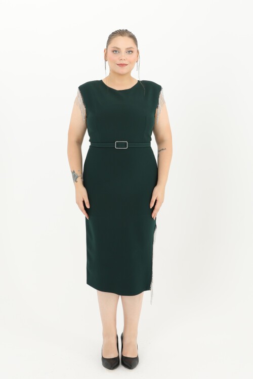 Taş Detaylı Kemerli Midi Elbise - 1626