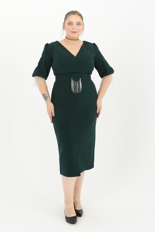 Taş Detaylı Kruvaze Yaka Midi Elbise - 1646