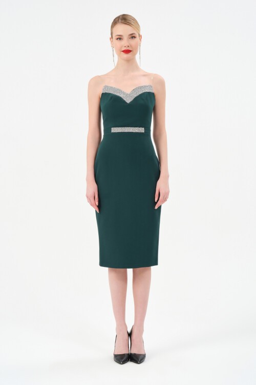 Taş Detaylı Straplez Midi Elbise - 1502