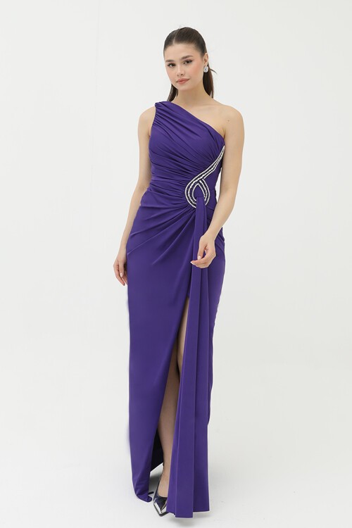 Taş İşlemeli Tek Omuzlu Elbise - 1728