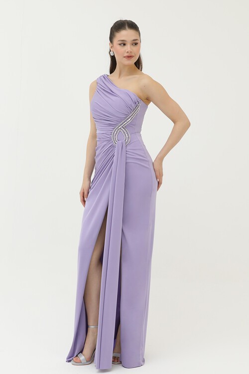 Taş İşlemeli Tek Omuzlu Elbise - 1728