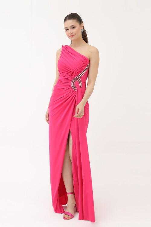 Taş İşlemeli Tek Omuzlu Elbise - 1728