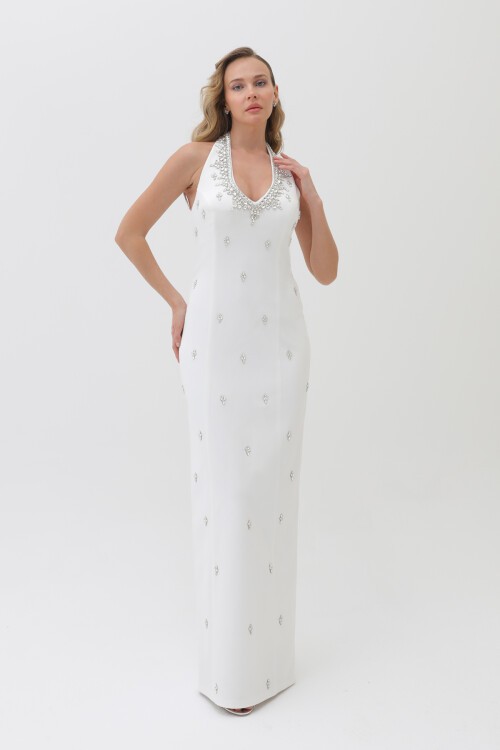 Taş İşlemeli Boyundan Bağlamalı Elbise - 6005