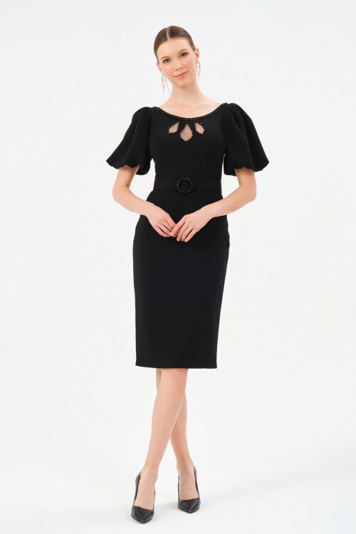 Taş İşlemeli Göğüs Detaylı Midi Elbise - 1560