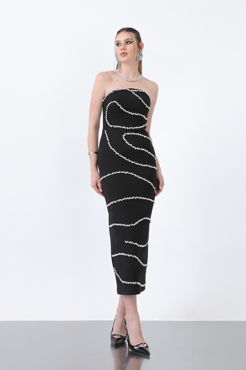 Taş İşlemeli Straplez Midi Elbise - 1846