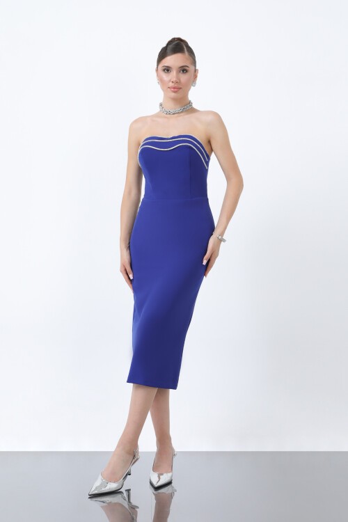 Taş İşlemeli Straplez Midi Elbise - 1871