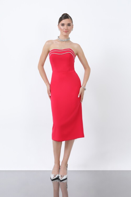 Taş İşlemeli Straplez Midi Elbise - 1871