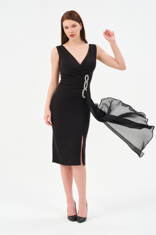 Taş İşlemeli Volanlı Midi Elbise - 1516