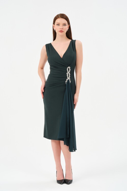 Taş İşlemeli Volanlı Midi Elbise - 1516