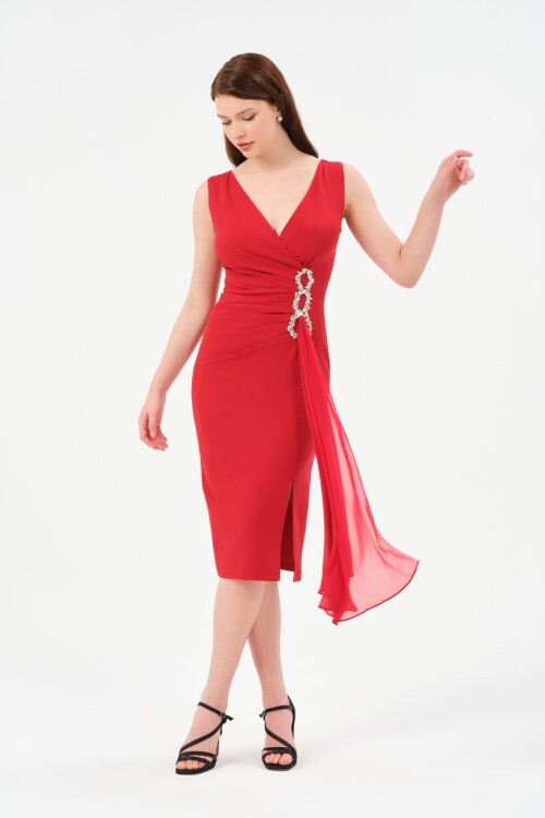 Taş İşlemeli Volanlı Midi Elbise - 1516