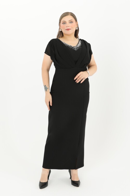 Taş Yaka Detaylı Drapeli Uzun Elbise - 1699