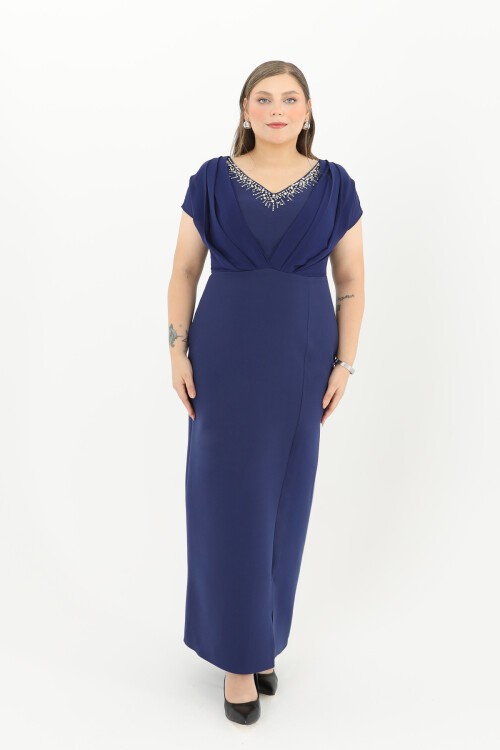 Taş Yaka Detaylı Drapeli Uzun Elbise - 1699