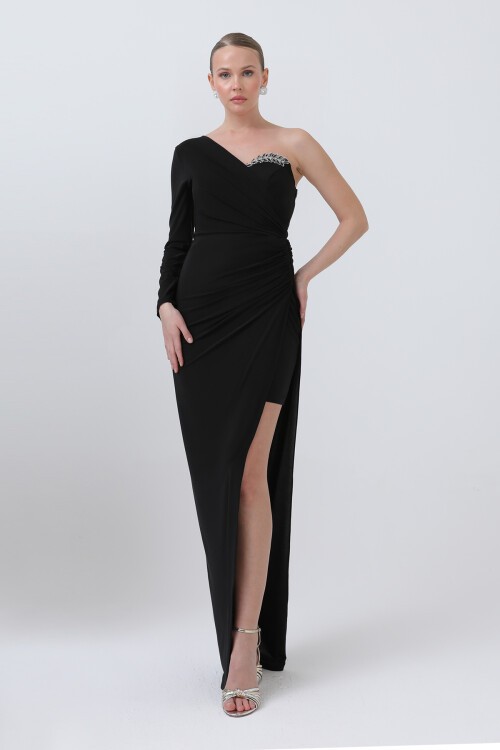 Tek Kollu Taş Detaylı Yırtmaçlı Elbise - 1640