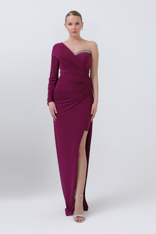 Tek Kollu Taş Detaylı Yırtmaçlı Elbise - 1640