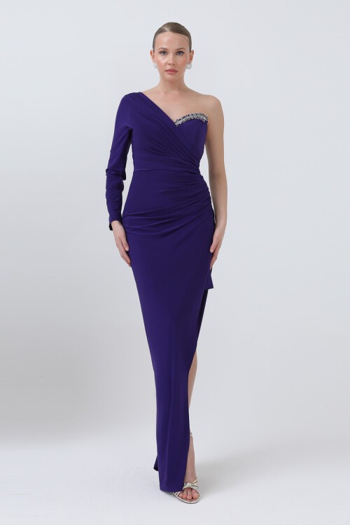 Tek Kollu Taş Detaylı Yırtmaçlı Elbise - 1640