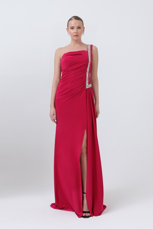 Tek Omuzlu Taş Detaylı Elbise - 1615