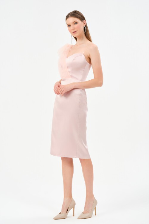 Tek Omuz Tül Detaylı Midi Elbise - 1577