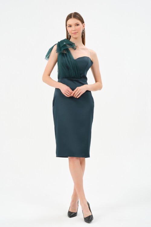 Tek Omuz Tül Detaylı Midi Elbise - 1577