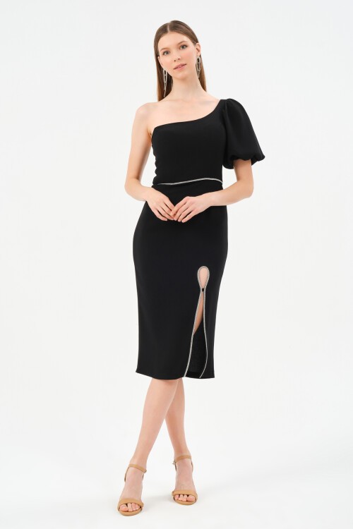 Tek Omuzlu Balon Kollu Midi Elbise - 1523