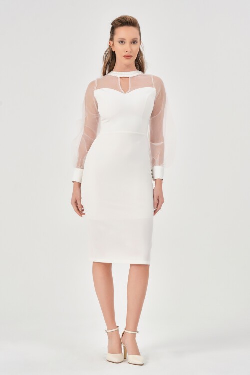 Tül Detaylı Midi Elbise - 1601