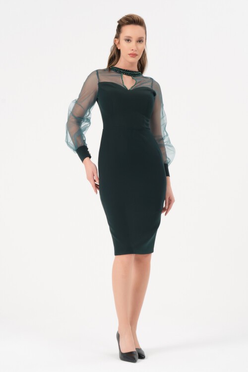 Tül Detaylı Midi Elbise - 1601