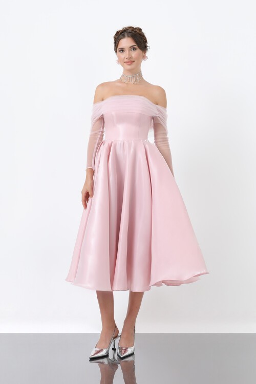 Tül Detaylı Omuz Açık Midi Elbise - 1811