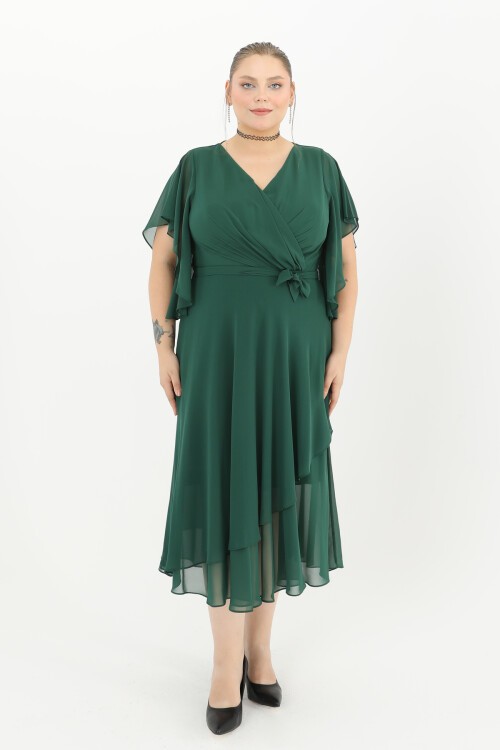 Volanlı Kruvaze Yaka Midi Elbise - 1666