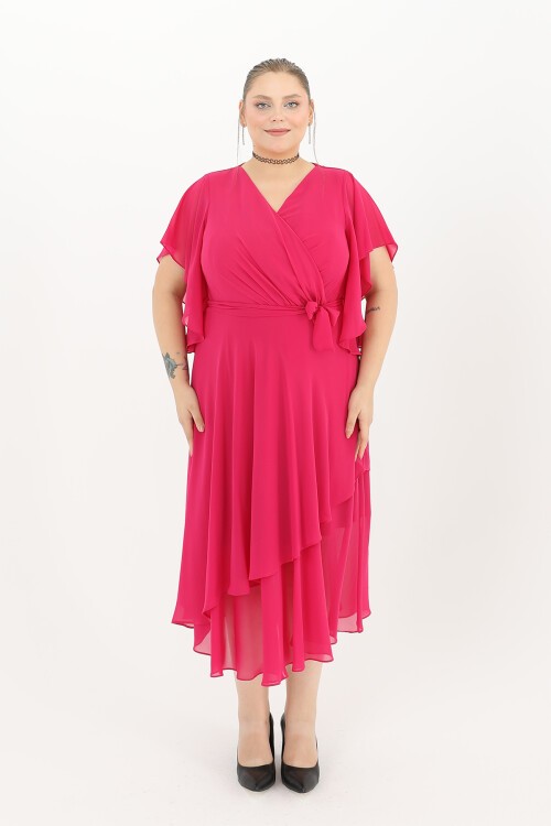 Volanlı Kruvaze Yaka Midi Elbise - 1666