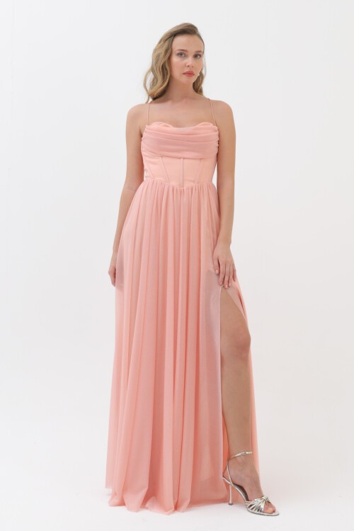 Askılı Simli Yırtmaçlı Elbise - 1771